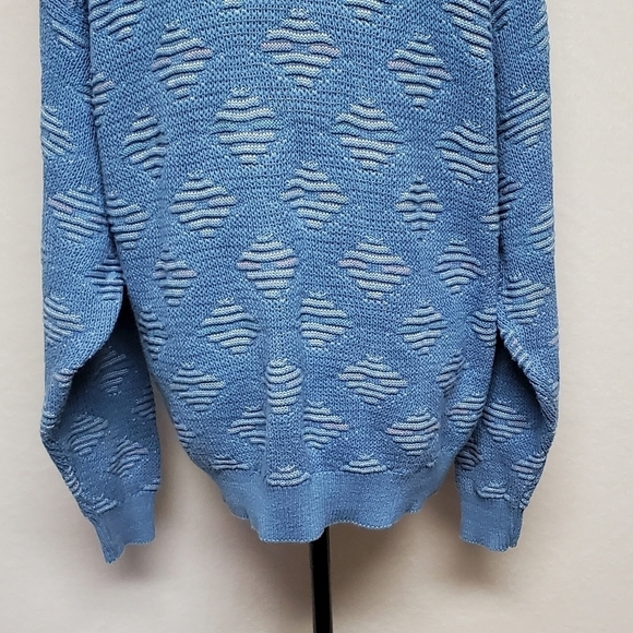 VINTAGE 80s Peconic Bay Traders Sky Blue Knit Geometric Print Crewneck Sweater - Picture 9 of 11